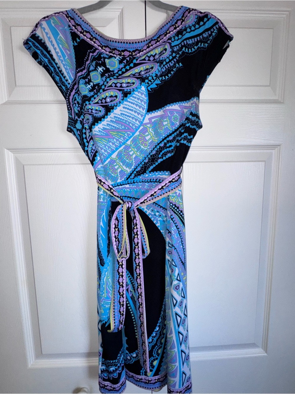 Blue & Black Printed Tie-Waist Women's Dress